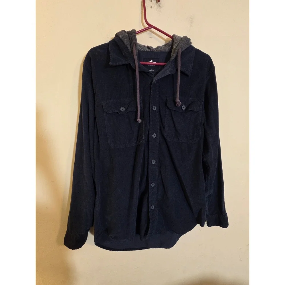 Hollister Mens XL Navy Blue Corduroy Hooded Button Down Shirt Long Sleeve Hoody